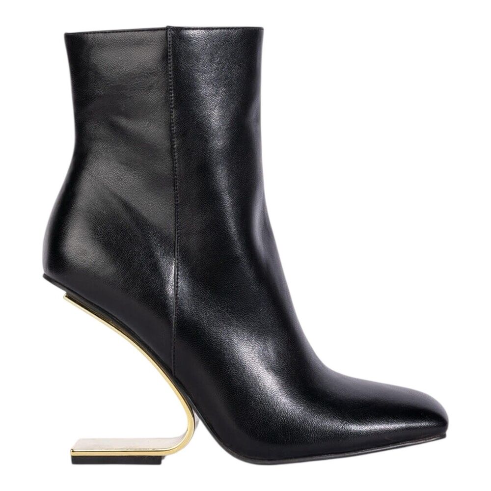 Azalea Wang‎ Arianna Smooth Vegan Leather Bootie Women’s Size 9 Black Gold Heel